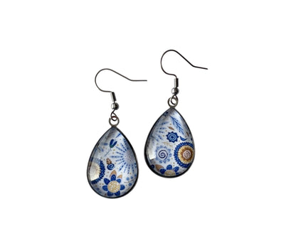 Boucles d’oreilles cabochon argentées, gouttes, esprit végétal, fleurs, tendance, cabochon verre
