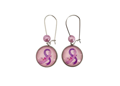 Boucles d'oreilles pendantes cabochon, rondes, ruban violet, lutte contre le cancer - Février Lilas