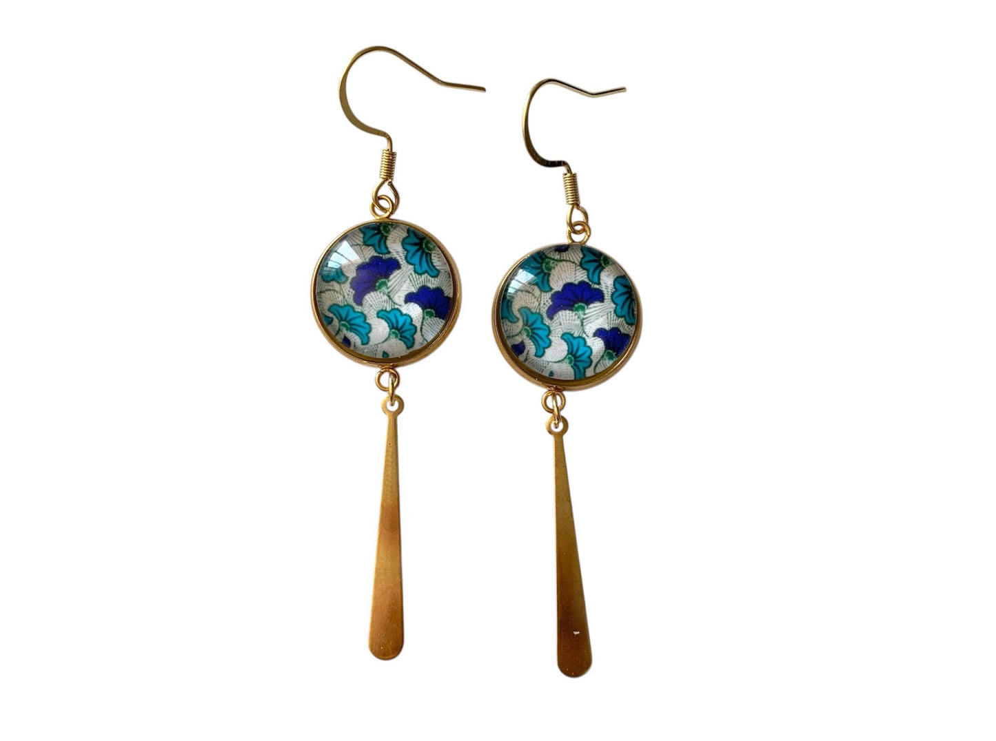 Boucles d'oreilles cabochons en verre, fleurs wax, et pendentif doré, en acier inoxydable, dorées, cadeau femme