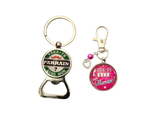 Porte clé demande parrain marraine, duo de porte clé décapsuleur et mousqueton ; annonce naissance, demande parrain marraine