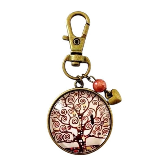 Porte clé, bijou de sac, bronze, arbre de vie, klimt, cabochon verre