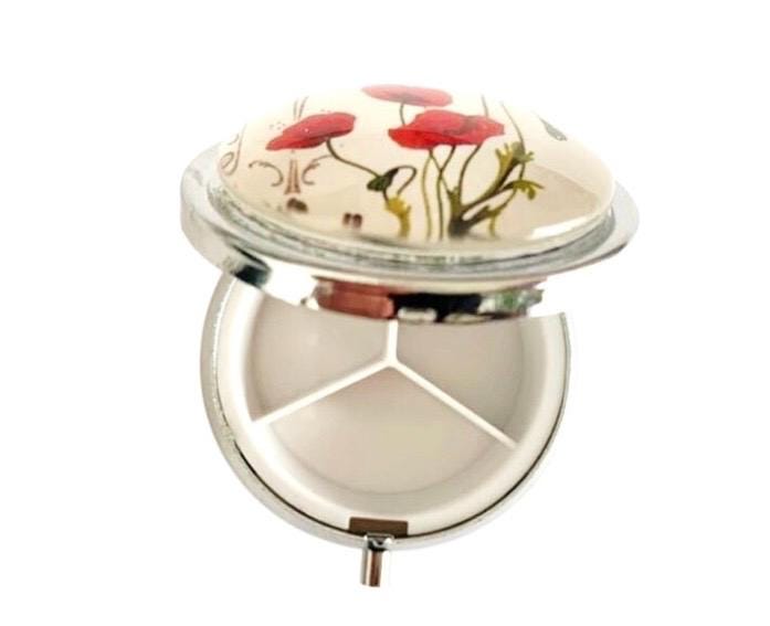 Pilulier de poche, voyage, pour sac à main, coquelicots, boîte à pilules, médicaments, cabochon en verre