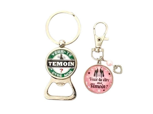 duo de porte clé décapsuleur et mousqueton  pour témoins pour faire sa demande