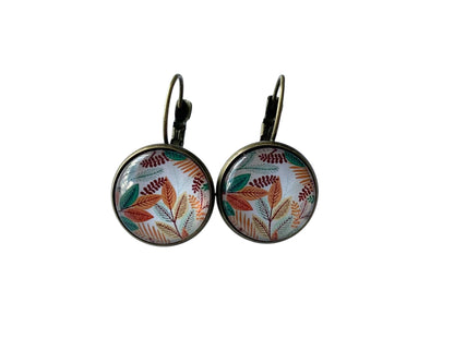 Boucles d’oreilles cabochon dormeuses, esprit végétal, feuillage automne, bronze