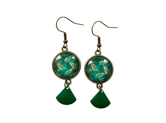 Boucles d’oreilles pendantes bronze, feuillage, pendentif émaillé, tendance, cabochon verre