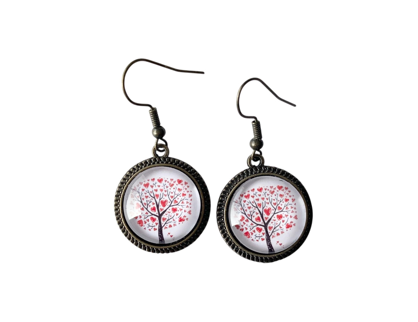 Boucles d'oreilles pendantes, bronze, arbre de vie coeurs, cabochons verre