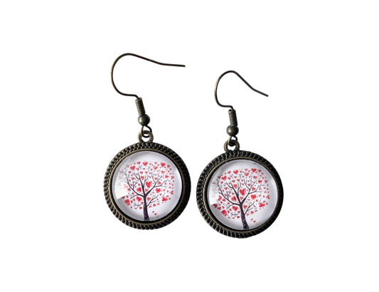 Boucles d'oreilles pendantes, bronze, arbre de vie coeurs, cabochons verre