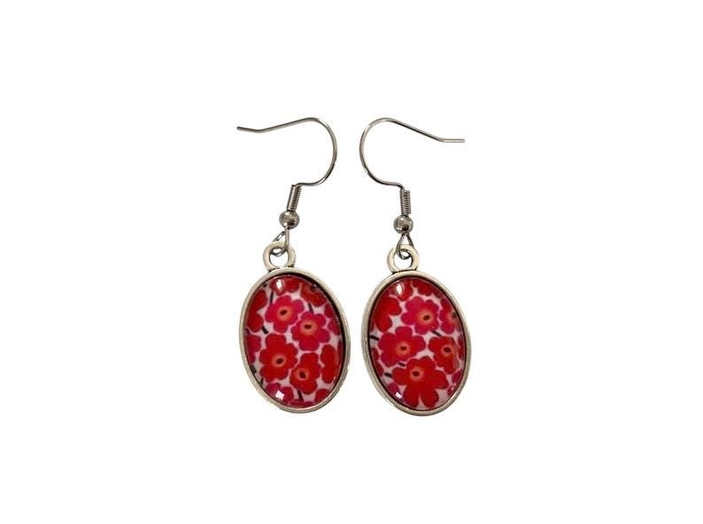 Boucles d'oreilles cabochon pendantes ovales, fleurs rouges, cabochon verre