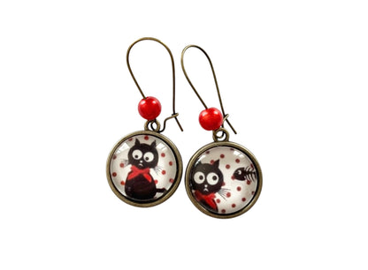 Boucles d'oreilles cabochon pendantes, bronze, chat et poisson, cabochon verre