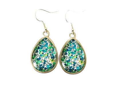 Boucles d'oreilles pendantes gouttes, argentées, fleurs, vintage, cabochon verre