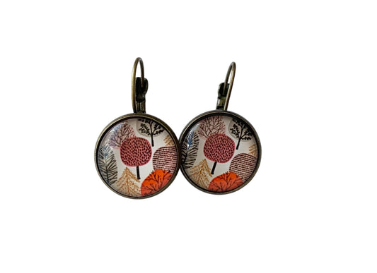 Boucles d’oreilles cabochon dormeuses, esprit végétal,  forêt, arbres, bronze