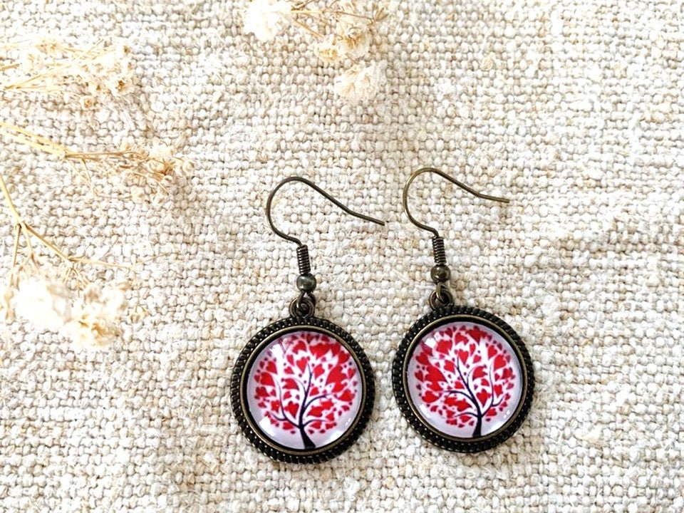 Boucles d'oreilles pendantes, bronze, arbre de vie coeurs, cabochons verre