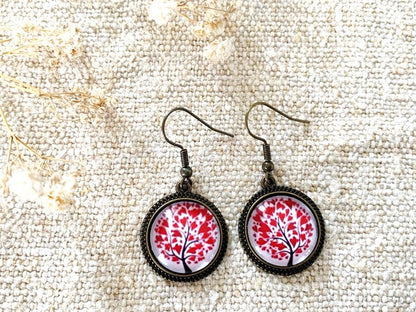 Boucles d'oreilles pendantes, bronze, arbre de vie coeurs, cabochons verre