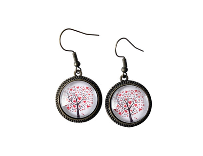 Boucles d'oreilles pendantes, bronze, arbre de vie coeurs, cabochons verre