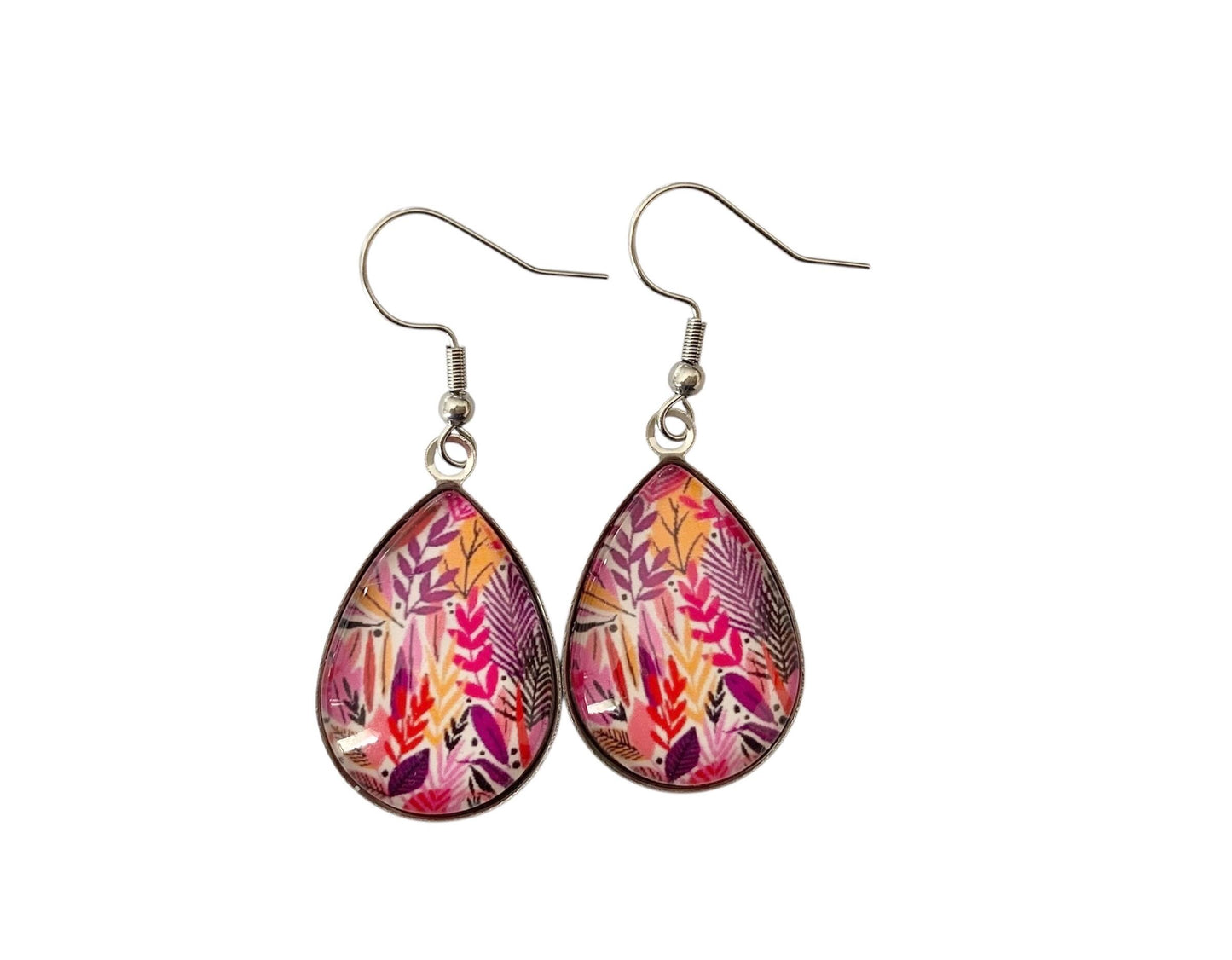 Boucles d’oreilles cabochon argentées, gouttes, esprit tropical, tendance, cabochon verre