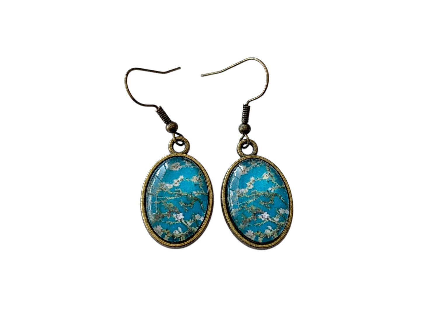 Boucles d'oreilles cabochon pendantes ovales, bronze, van gogh, amandiers en fleurs, cabochon verre