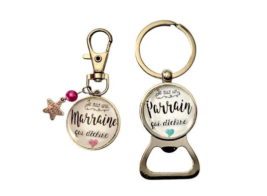 Duo de porte clé décapsuleur et mousqueton ; annonce naissance, demande parrain marraine