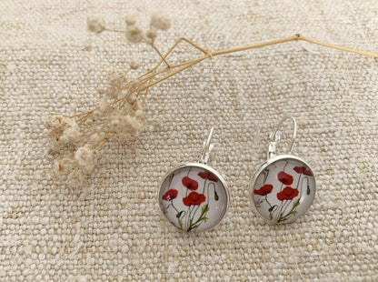 Boucles d’oreilles cabochon dormeuses, fleurs, romantique, coquelicots, esprit japonnais,