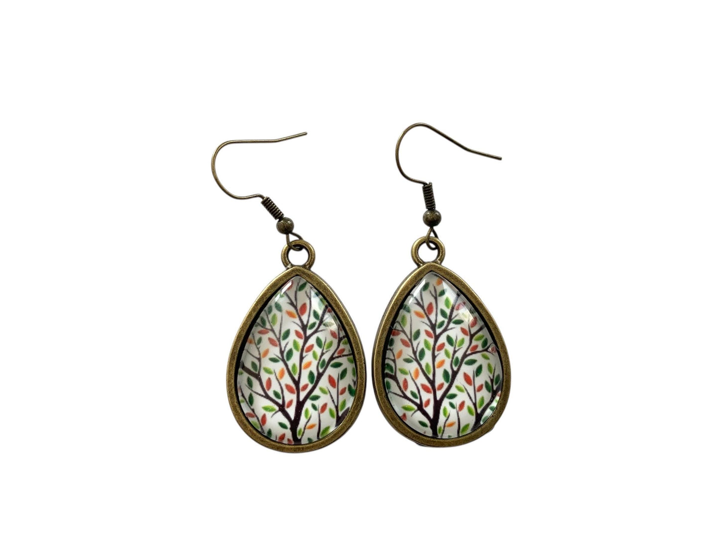 Boucles d’oreilles cabochon bronze, gouttes, esprit végétal, arbre de vie, automne,  tendance, cabochon verre