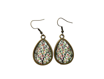 Boucles d’oreilles cabochon bronze, gouttes, esprit végétal, arbre de vie, automne,  tendance, cabochon verre