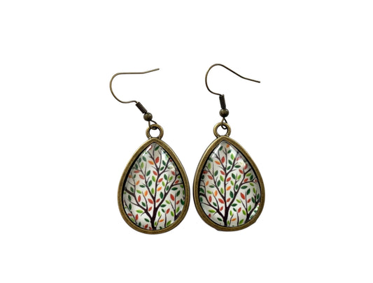 Boucles d’oreilles cabochon bronze, gouttes, esprit végétal, arbre de vie, automne,  tendance, cabochon verre