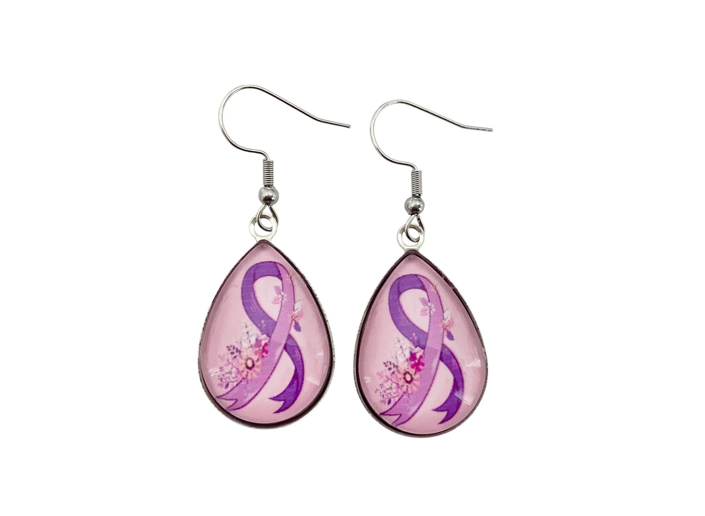 Boucles d'oreilles pendantes cabochon, gouttes, ruban violet, lutte contre le cancer - Février Lilas