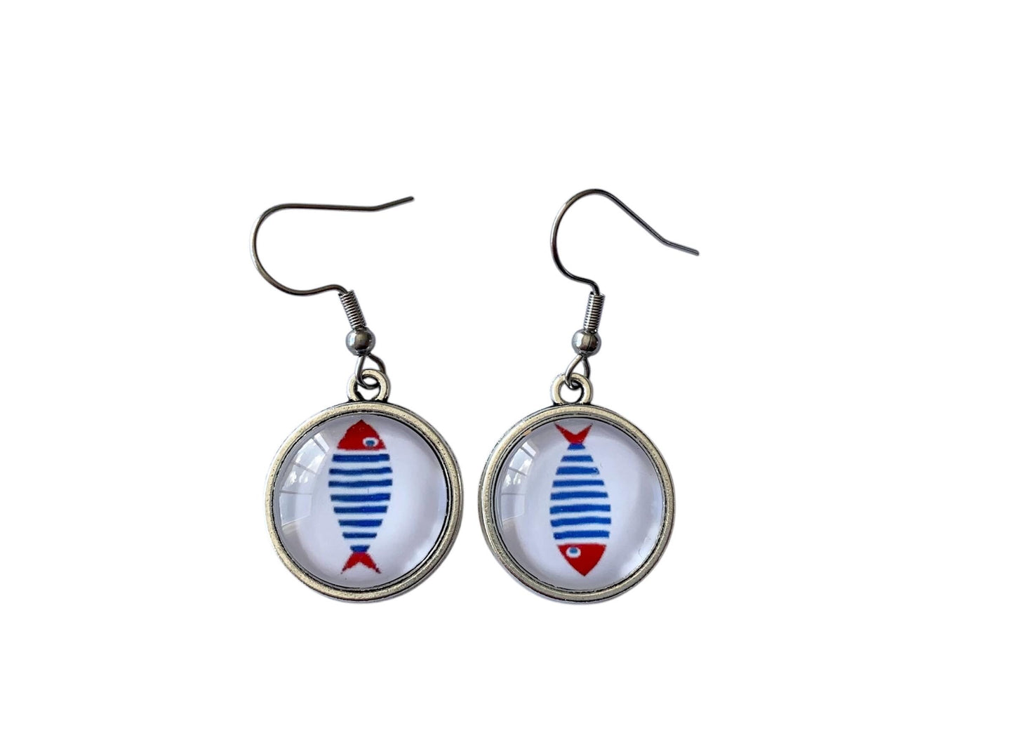 Boucles d'oreilles cabochon en verre, esprit marin, bord de mer, poissons, sardines, été