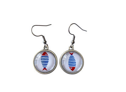 Boucles d'oreilles cabochon en verre, esprit marin, bord de mer, poissons, sardines, été