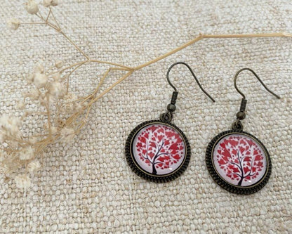 Boucles d'oreilles pendantes, bronze, arbre de vie coeurs, cabochons verre