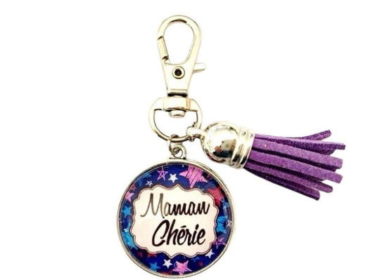 Porte clé ou bijou de sac,  maman chérie, cabochon en verre