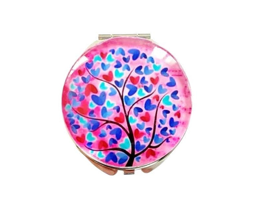 Miroir de poche, miroir de sac,  décoré avec cabochon en verre, arbre de vie rose