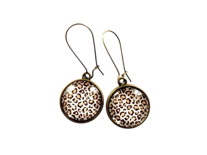 Boucles d'oreilles cabochon pendantes, bronze, motif léopard, cabochon verre