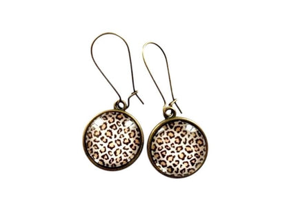 Boucles d'oreilles cabochon pendantes, bronze, motif léopard, cabochon verre