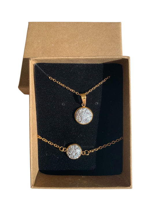 Coffret collier et bracelet assorti, doré, acier inoxydable, cabochon paillettes