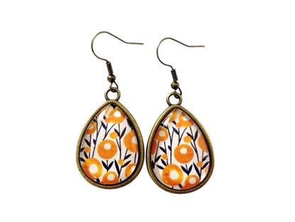 Boucles d'oreilles cabochon pendantes, gouttes, bronze, fleurs, esprit seventies, vintage
