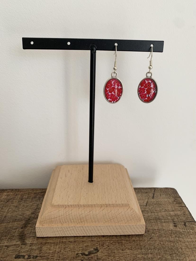Boucles d'oreilles cabochon pendantes ovales, fleurs rouges, cabochon verre