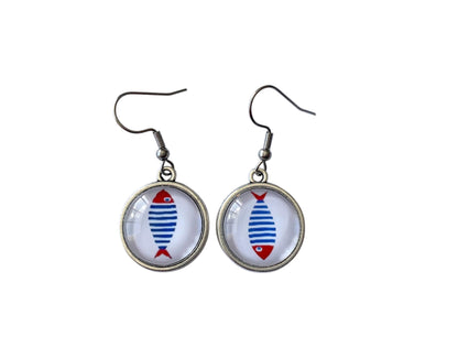 Boucles d'oreilles cabochon en verre, esprit marin, bord de mer, poissons, sardines, été