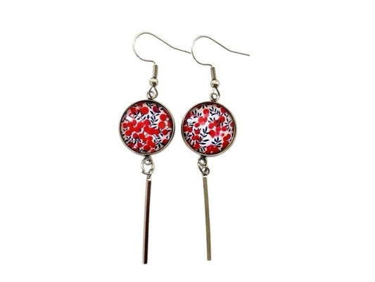 Boucles d'oreilles cabochon, pendantes, argentées, rondes, petites fleurs rouges