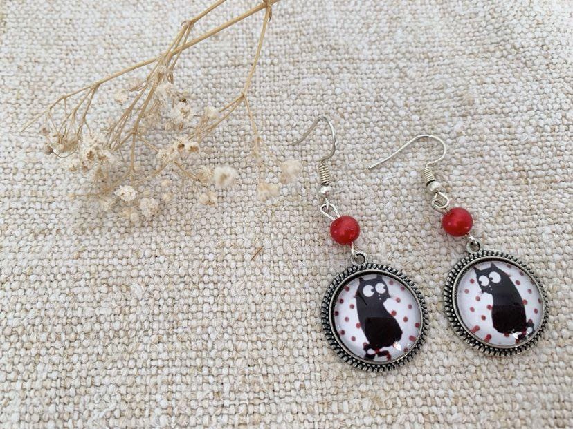 Boucles d'oreilles rondes, chat, cabochon verre