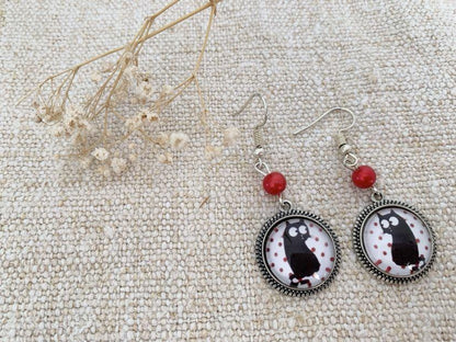 Boucles d'oreilles rondes, chat, cabochon verre