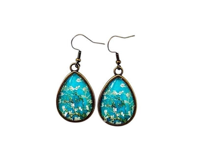 Boucles d’oreilles cabochon bronze, gouttes, amandiers van gogh, tendance, cabochon verre