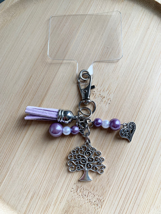 Bijou de téléphone, perles et pendentifs argentés, mauve, arbre de vie