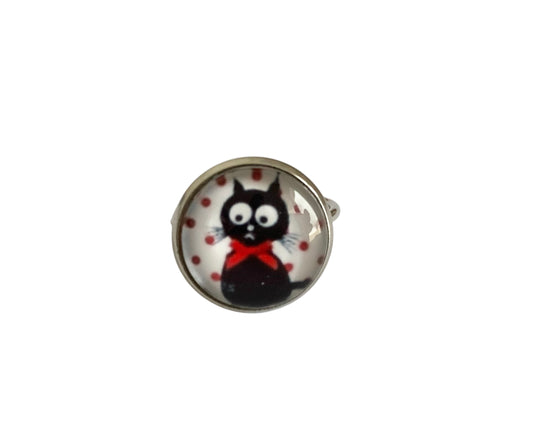 Bague cabochon fantaisie, chat et pois, argentée, ajustable, cabochon verre