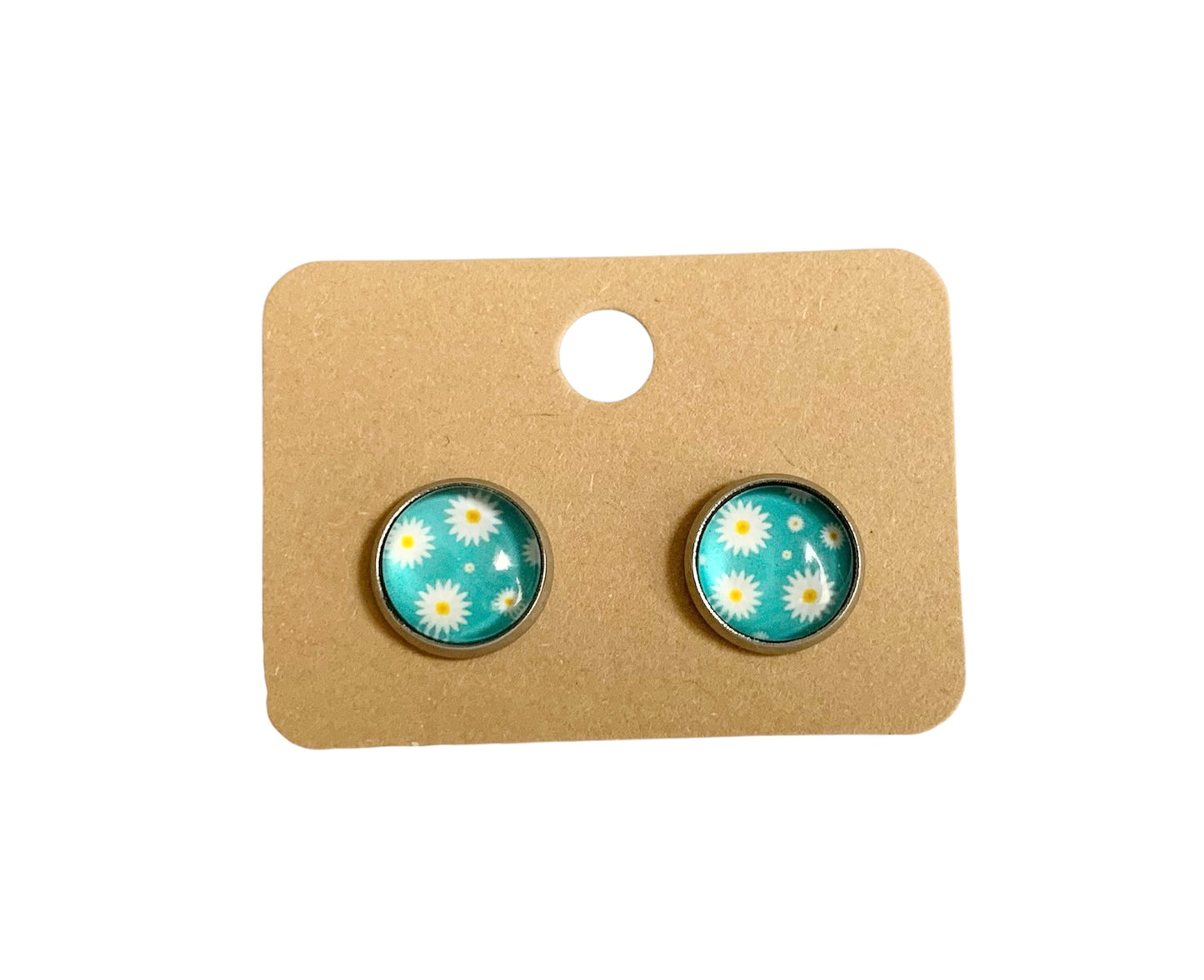 Puces d oreilles, clous d oreilles, cabochons en verre, argentées,  acier inoxydable, petites fleurs