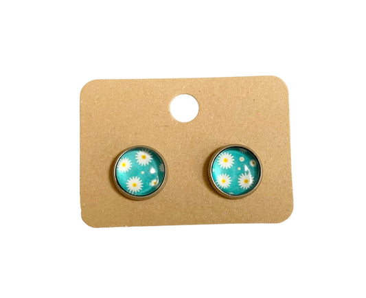 Puces d oreilles, clous d oreilles, cabochons en verre, argentées,  acier inoxydable, petites fleurs