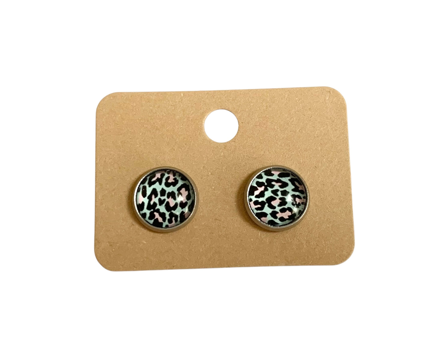 Puces d oreilles, clous d oreilles, cabochons en verre, acier inoxydable, argentées, léopard