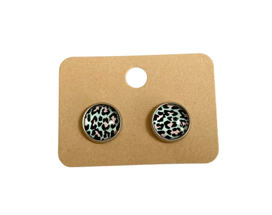 Puces d oreilles, clous d oreilles, cabochons en verre, acier inoxydable, argentées, léopard