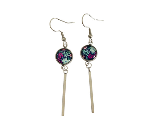 Boucles d'oreilles cabochon, pendantes, argentées, rondes, petites fleurs