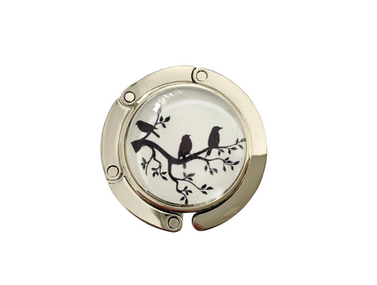 Accroche sac, décoré avec cabochon en verre, arbre et oiseaux