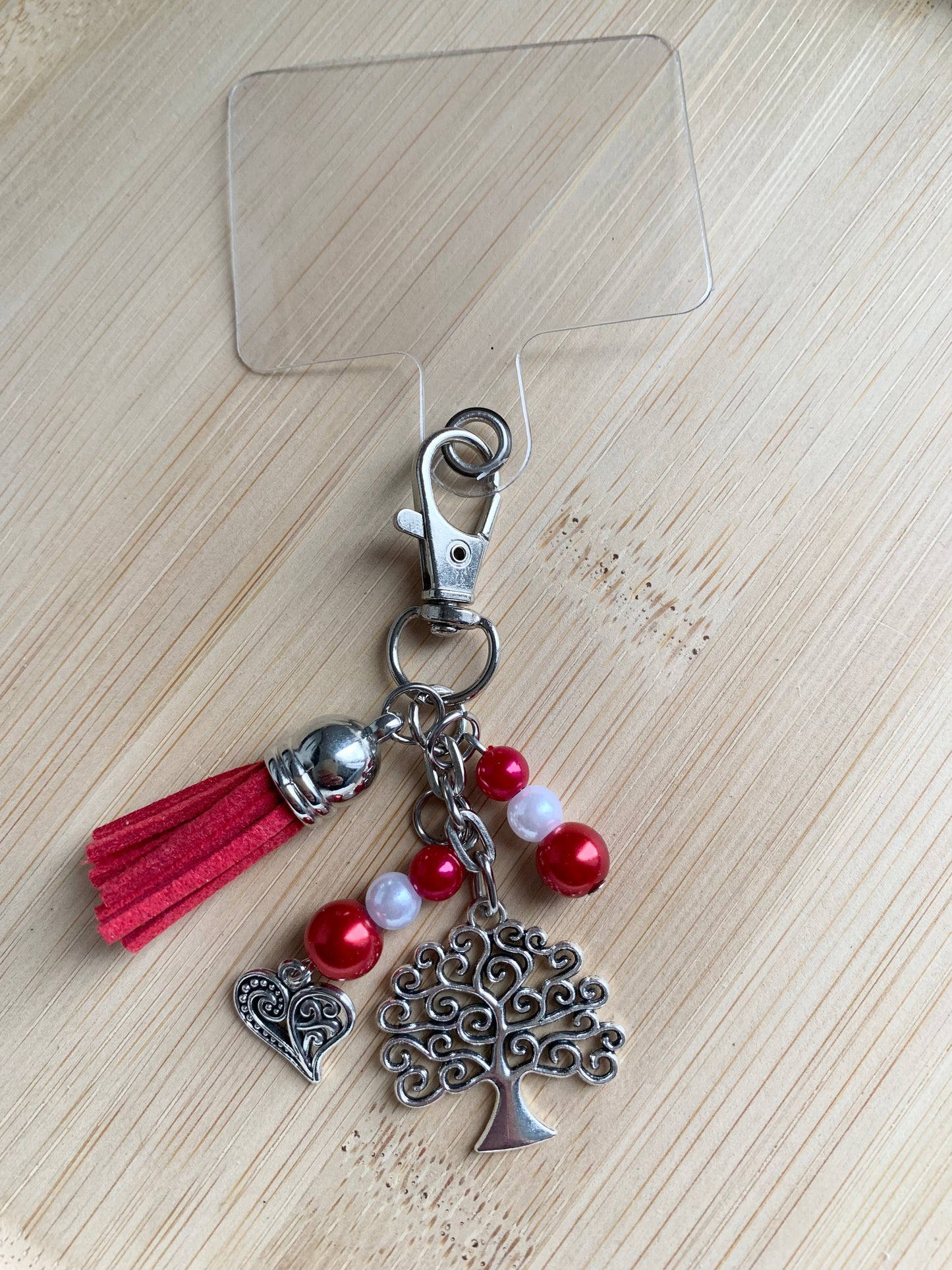 Bijou de téléphone, perles et pendentifs argentés, rouge, arbre de vie